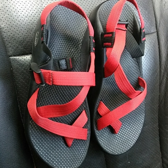 red and black chacos